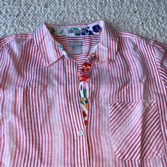 Chico's Linen Ombre Stripe Floral Accent No Iron Shirt FreshChic Blouse 2 12/14 - Picture 4 of 10